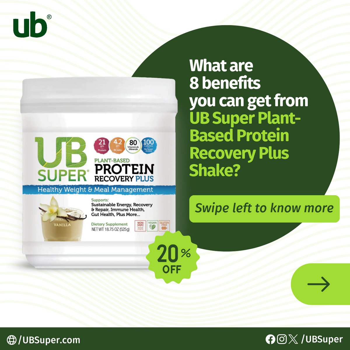 UBSuper's tweet photo. #UBSuperFacts: As fitness enthusiasts, check out some of the benefits you will get from our newest product. 💪🌱 

Use promo code "PRP20" to get a 20% discount. 👉 https://t.co/Xog4tYYysI

 #UBSuper #ProteinRecoveryShake #UnlockYourHealth #HealthyLiving #Plantbased

A THREAD: https://t.co/WE7xviDgYU