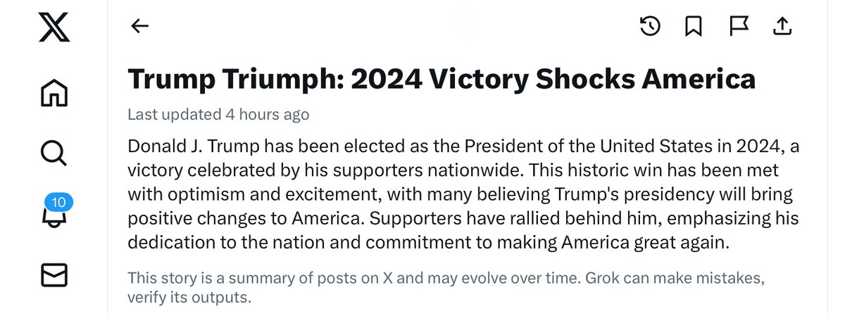 In an effort to drive traffic to X, Elon often attacks the credibility of what he calls “Legacy Media”. Meanwhile Elon’s failing AI effort Grok, which seems to run Twitter now, just declared Trump won the 2024 election 🙄 #TuesdayFeeling Good Tuesday