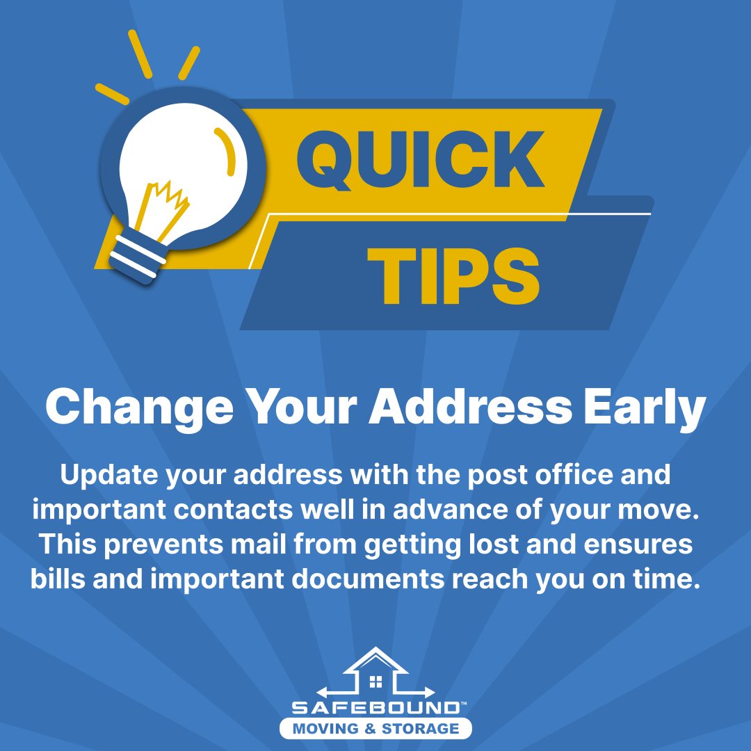 SafeboundMoving's tweet image. 📦Pro Tip: Update your address early to avoid missing important mail during your move.

#movingtips #movingtime #movingtipsandtricks #movesmarter #packingproblems #moversandpackers #movers #movingchecklist #packingtips #educational #packinghacks #packing #safebound #floridamovers