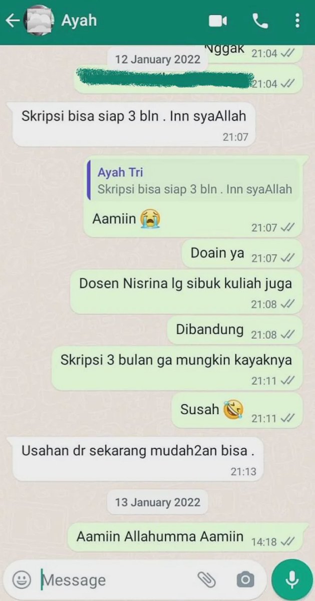 ___rantingpohon's tweet photo. mau sedikit cerita perjuangan menyusun skripsi gaes..

12 Jan 2022
ayah gw nge chat di WA bilang gini "skripsi bisa selesai dalam waktu 3 bulan"

Bismillaah semoga aku bisa ya Allaah.. tp entahlah wkt itu masih leha-leha dan menganggap belum mau serius. https://t.co/vOXTSsA8GX