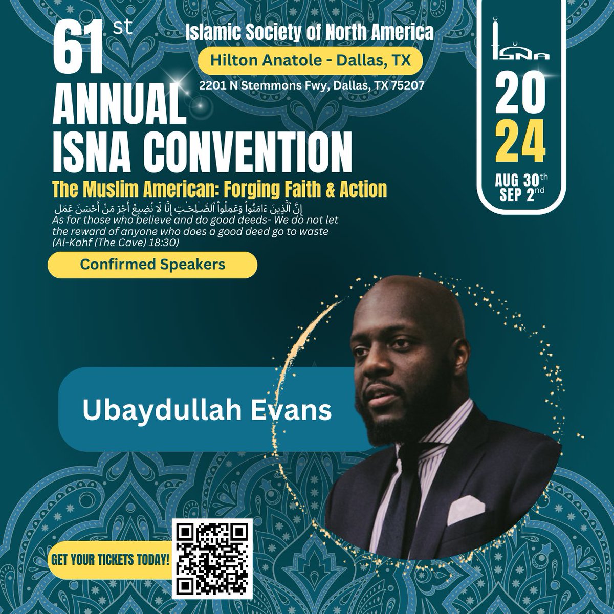 Ubaydullah Evans is a confirmed speaker for ISNA's 61st Annual Convention in Dallas, TX this year!

Get your tickets at isna.net/convention/

#ISNA61 #ISNAconvention #dallas