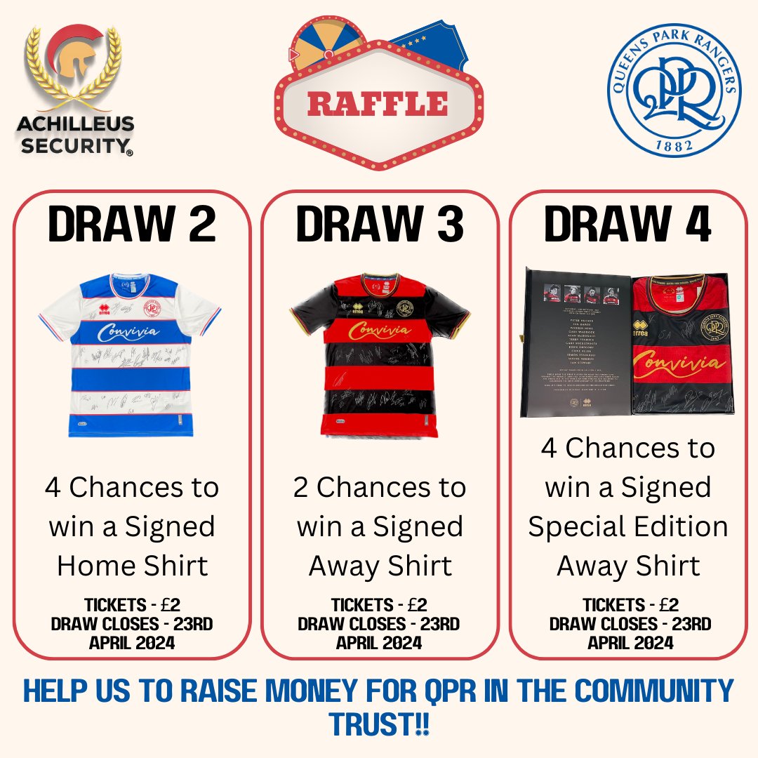 Hurry up! Time is running out to get your raffle tickets for a shot at winning tickets to this Friday's @QPR game against Leeds or a signed shirt. Don't miss out on the opportunity to win and support @qprtrust. Only 2 hours left! eu1.hubs.ly/H08LQQC0