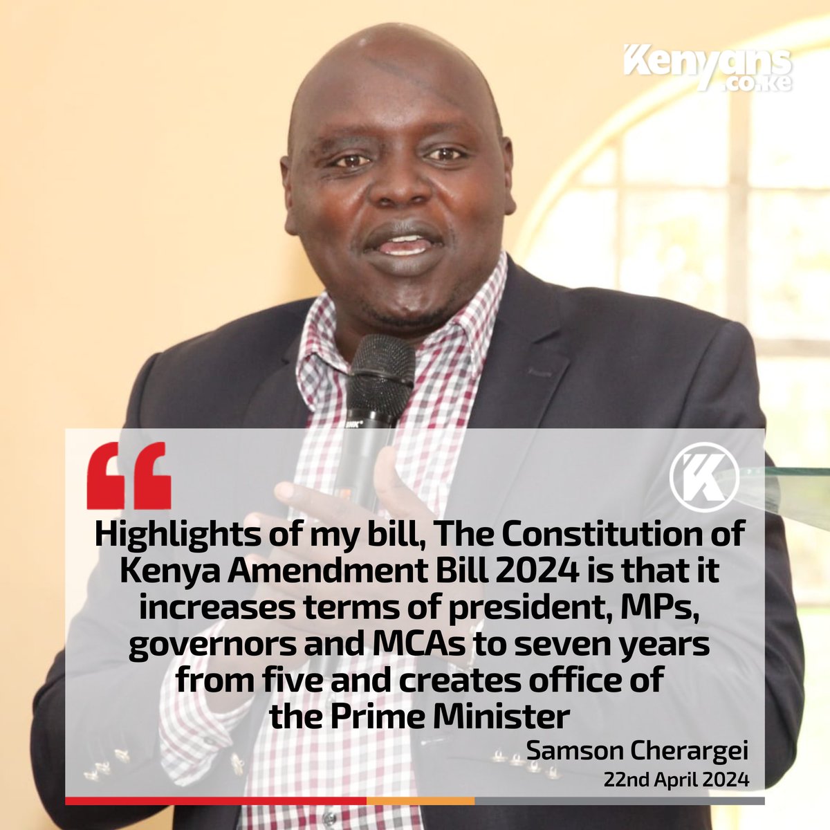 Highlights of my bill is that it increases terms of president, MPs, governors and MCAs to seven years from five - Senator Cherargei