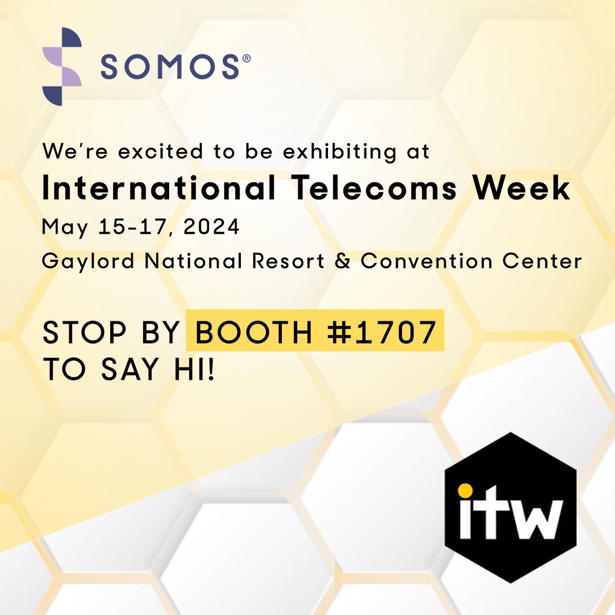The Countdown is on! Team Somos & Team @XConnectNIS are gearing up for #ITW2024 at the National Harbor this May! We are excited to delve into the latest in connectivity trends & explore new solutions in action. Can't wait for ITW? Email us at connect@somos.com to schedule a call.