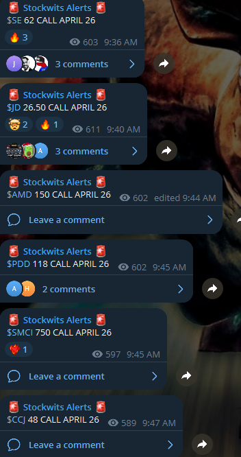 mikalche's tweet photo. BANGER START TO THE WEEK!  FREE TRIAL ENDS TONIGHT! DOWNLOAD TELEGRAM AND CLICK HERE https://t.co/ZIrZ1Q7Yo3 TO JOIN

$SPY 497C OVER 500%
$SE 62C IN THE MONEY
$JD 26.50C IN THE MONEY
$AMD 150C IN THE MONEY
$PDD 118C IN THE MONEY
$SMCI 750C
$NVDA 800C IN THE MONEY
$TSM 130C IN THE MONEY
$COIN 230C IN THE MONEY
$AVGO 1250C
$DDOG 125C
$BIDU 98C IN THE MONEY
$WFC 62C IN THE MONEY
$BAC 38C IN THE MONEY
$NFLX 580C
$ROKU 58C IN THE MONEY
$AI 22C INT HE MONEY