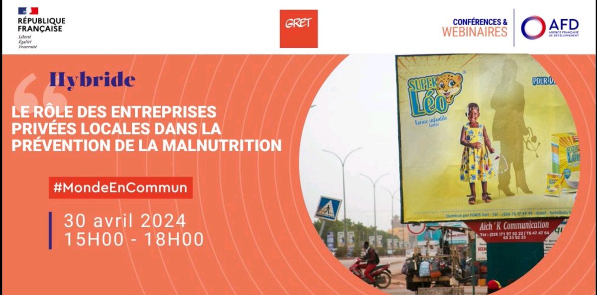 🎤 Conférence 30/04 @AFD_France & @Gret_ONG sur le rôle des #entreprises privées locales dans la #production et commercialisation de produits #fortifiés en prévention de la #malnutrition ? Quel cadre réglementaire et lien avec les politiques publiques ? 👉 shorturl.at/hBQTW