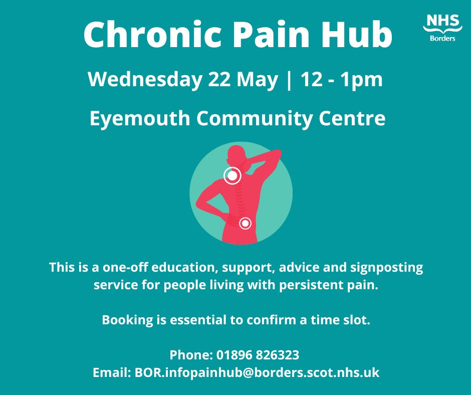 The Chronic Pain Hub will be visiting Eyemouth Community Centre on Wednesday 22 May. This is a one-off support, advice and signposting session for people living with persistent pain. 👉 Please get in touch via phone/email to secure a place using the details below.