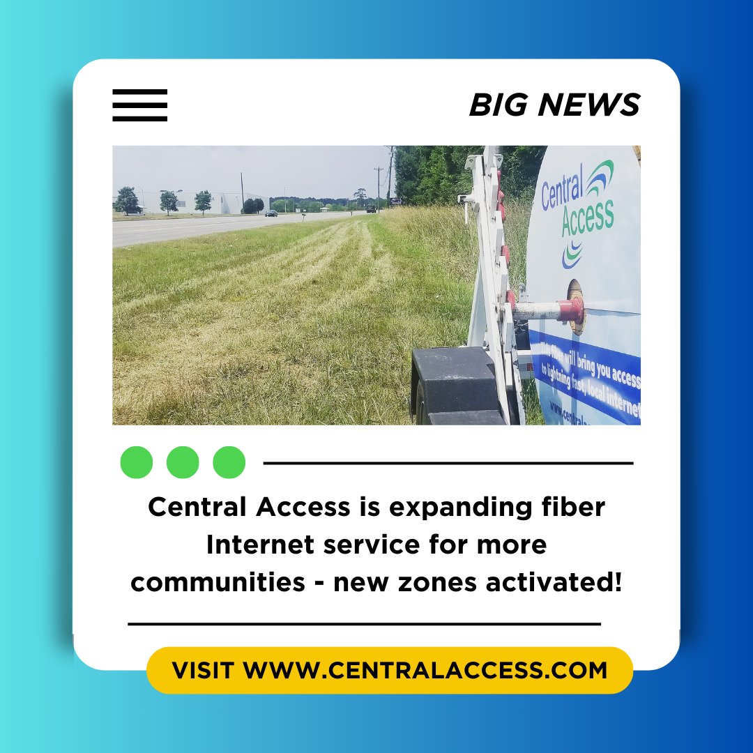 access_central's tweet photo. https://t.co/QBYagjQ7zQ

Have you heard the news? Central Access has received grants allowing us to expand past our current service area. You can read the press release above, or visit https://t.co/q7sSBRrJYP to enter your address and see if it falls within this current plan. https://t.co/CmQNWMRW6Z