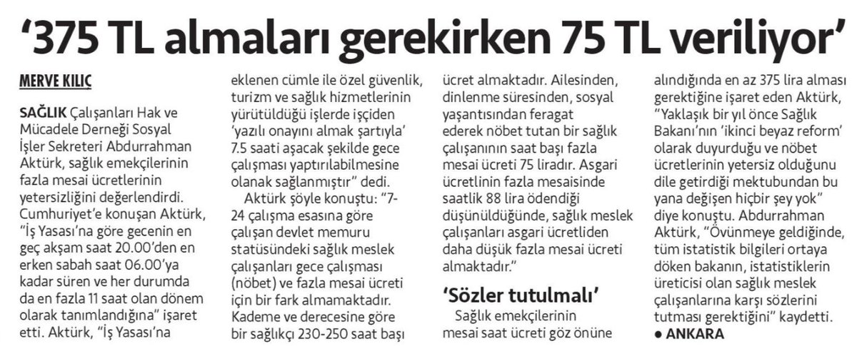 SAHADER'li Aktürk, Cumhuriyet'e konuştu: ‘375 TL almaları gerekirken 75 TL veriliyor’ Sağlık Çalışanları Hak ve Mücadele Derneği Sosyal İşler Sekreteri Abdurrahman Aktürk, sağlık emekçilerinin fazla mesai ücretlerinin yetersizliğini değerlendirdi. cumhuriyet.com.tr/saglik/375-tl-…