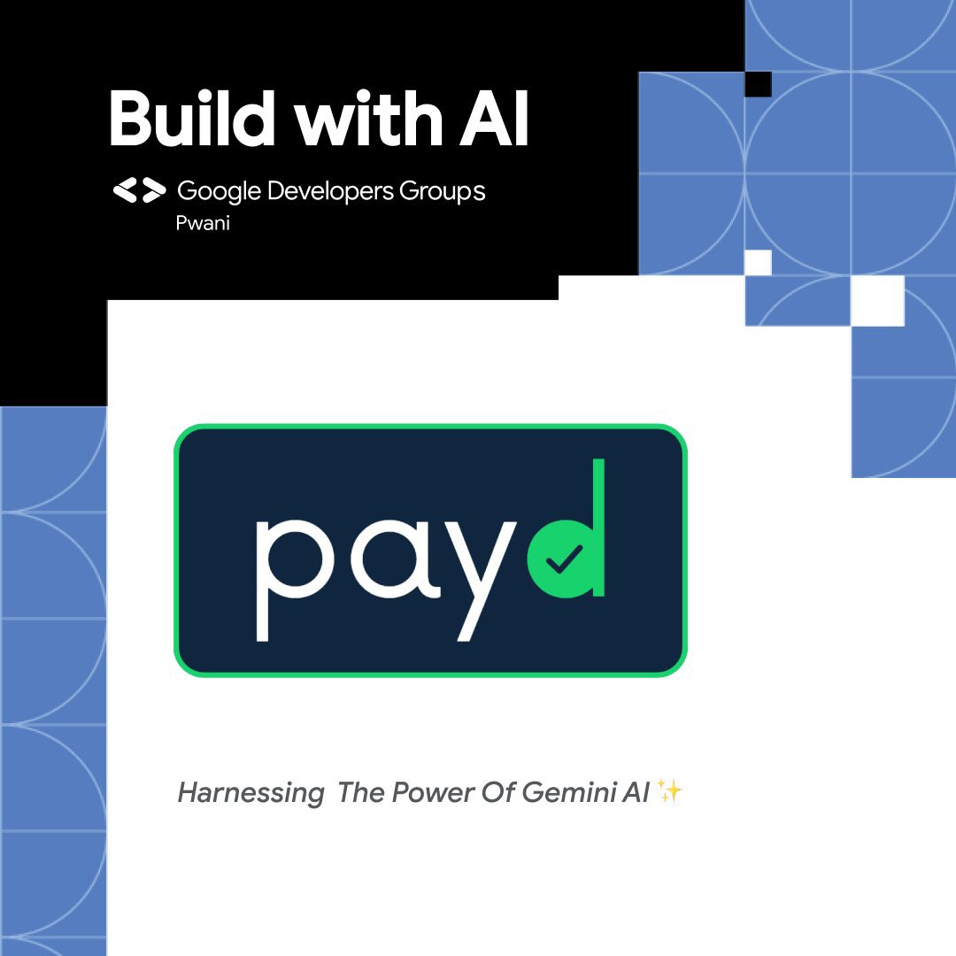 Are you ready to build with AI? @paydhq is excited to partner with @GDG_Pwani for the #BuildwithAI Pwani Hackathon 2024! This hackathon brings together developers, designers, and AI enthusiasts to tackle real-world challenges using Gemini AI. See you there! #GetPayd