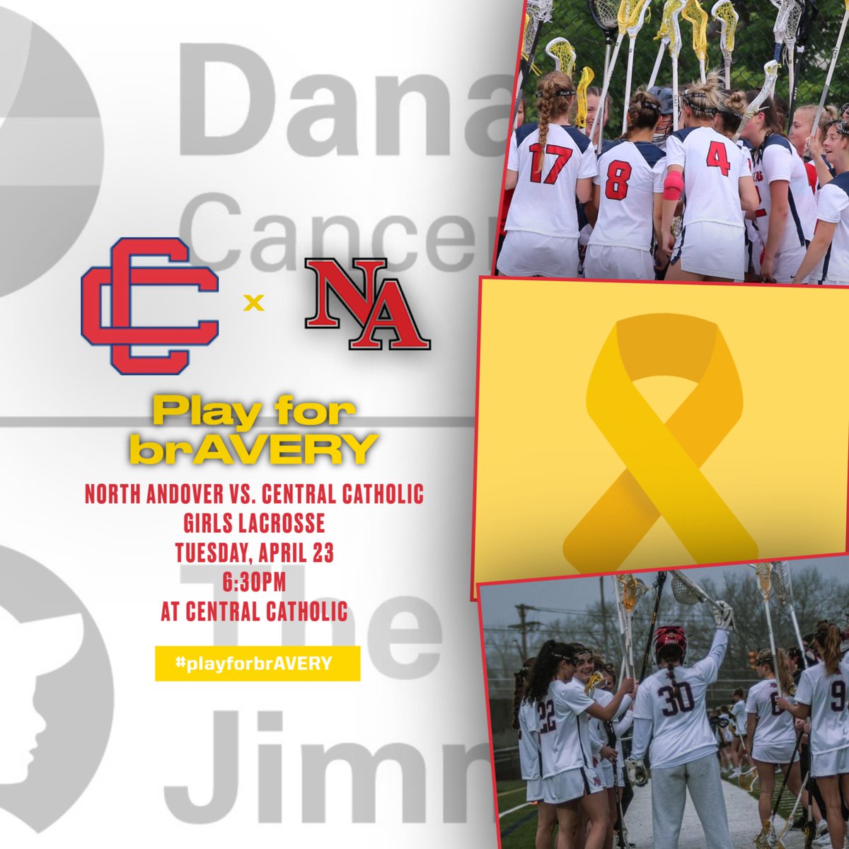 The <a href="/NA_GLAX/">NA_GLAX</a>  &amp; <a href="/CCRaider_GLax/">CCHS Girls Lax</a>  are supporting Avery tonight, a friend and family member of both teams who is battling Acute Lymphoblastic Leukemia.  Please consider supporting the fight against all childhood cancers by making a donation danafarber.jimmyfund.org/site/TR/EventP…