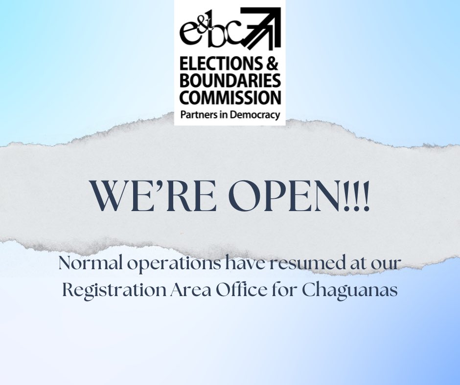 ebctt's tweet photo. Normal operations have resumed at our Registration Area Office for Chaguanas. https://t.co/HcFKeYaOLl