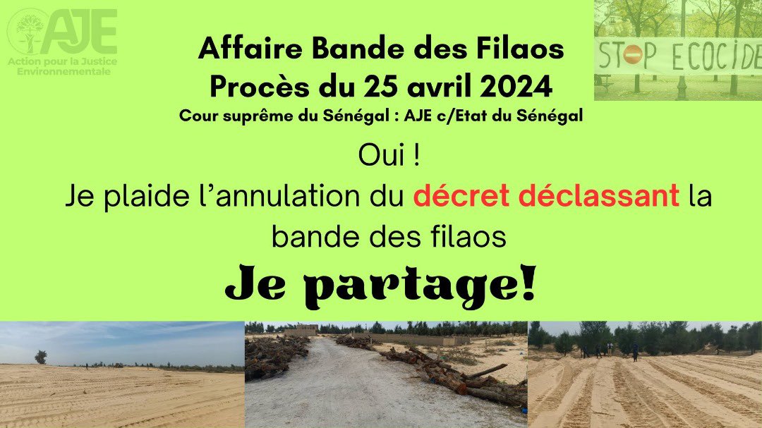 📣 Ce jeudi 25 Avril 2024, mobilisons-nous tous à la Cour Suprême pour l'annulation du décret déclassant la bande des filaos du Sénégal et exiger la préservation de notre environnement ♻️ Ensemble, on est plus fort. Nous comptons sur vous.
#StopEcocide #SaveThePlanet #FreeSenegal