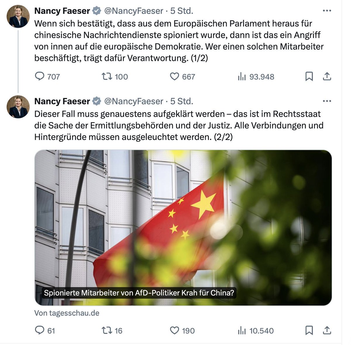 Wie konnte Krahs Chinesen-Agent SPD-Mitglied und deutscher Staatsbürger werden, Frau Faeser @NancyFaeser ? 'Dieser Fall muss genauestens aufgeklärt werden – das ist im Rechtsstaat die Sache der Ermittlungsbehörden und der Justiz. Alle Verbindungen und Hintergründe müssen…