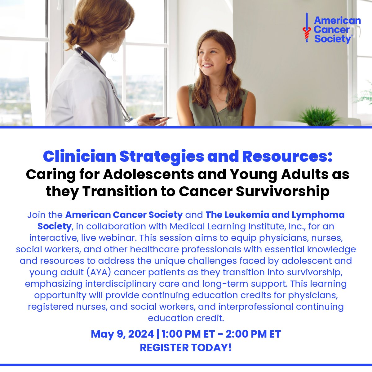 Healthcare professionals, join us for an educational webinar with @LLSusa on May 9! You’ll learn about the unique challenges faced by adolescent and young adult cancer patients as they transition into survivorship. This learning opportunity will provide continuing education