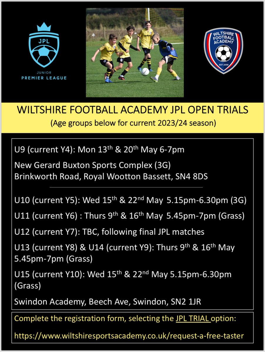 Please share🙏 🚨JUNIOR PREMIER LEAGUE OPEN TRIALS🚨 Wiltshire Football Academy are looking to attract HIGH LEVEL players, to strengthen next seasons talented squads. Book your trial place here: (selecting the JPL TRIAL option) wiltshiresportsacademy.co.uk/request-a-free…