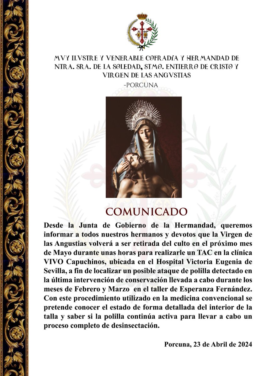 Hdad_Soledad's tweet photo. Retirada del culto público la Sagrada Imagen de la Virgen de las Angustias. https://t.co/nubN8lC0jR
