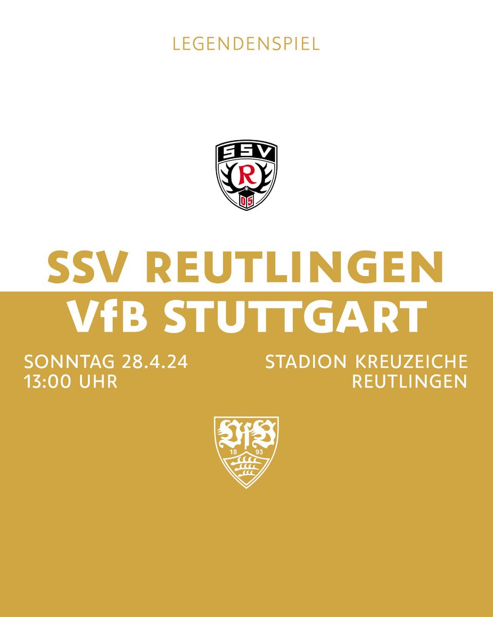 📆 Die VfB-Legenden sind im Ländle unterwegs: Unsere Traditionsmannschaft tritt am Sonntag (28. April, 13 Uhr) zu einem Duell mit den Legenden des @ssvreutlingen05 an. Gespielt wird im Stadion an der Kreuzeiche in Reutlingen. 🏟️ 🎫 Zum Online-Ticketverkauf: