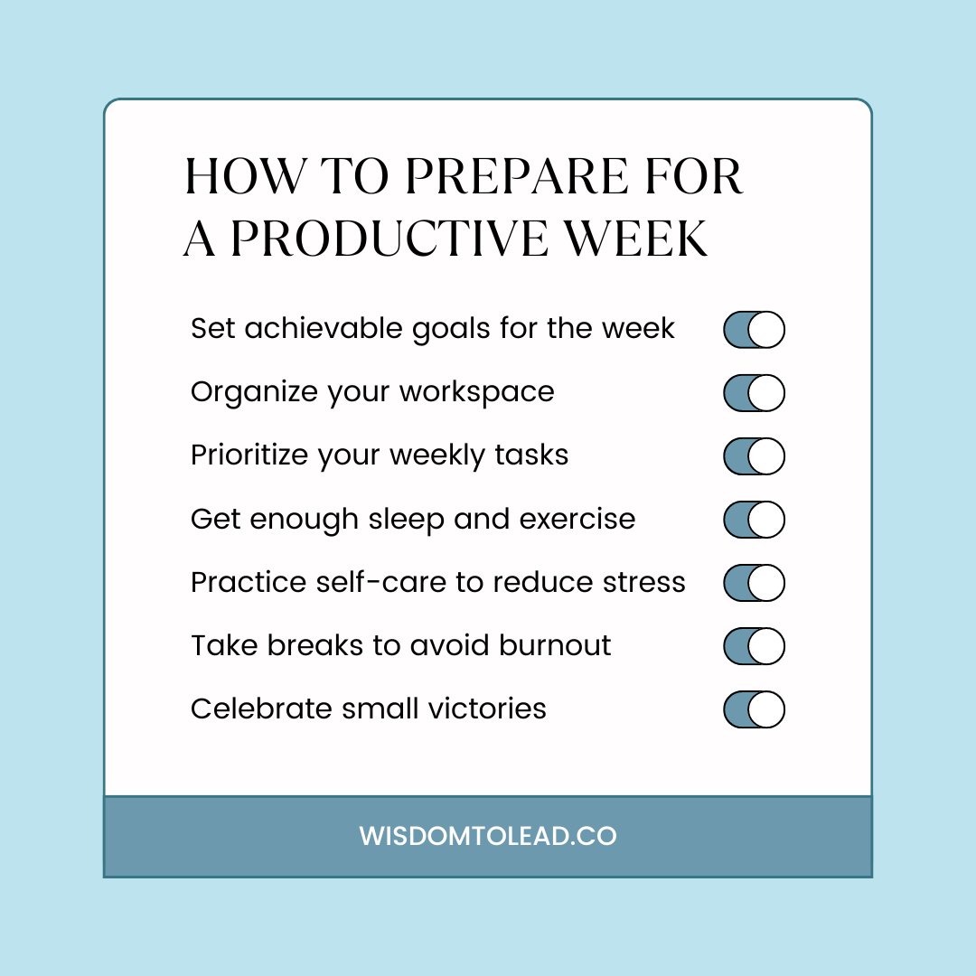 Get ready to conquer the week with these simple yet effective tips! From setting goals to practicing self-care, these strategies will help you stay focused and productive.

#ProductivityTips #WeeklyGoals #WorkLifeBalance #GoalSetting #SelfCare #WisdomToLead
