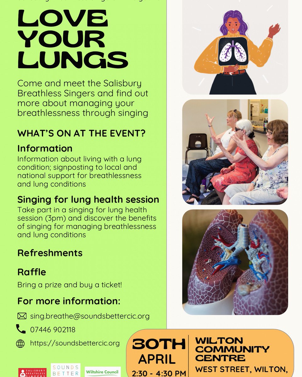 🫁 Join us to find out more about managing your breathlessness or lung condition. 

🎶 Refreshments, raffle, signposting/info and of course, a singing for lung health session! 

🗓️ 30th April, 2:30-4:30pm

🏫 Wilton Community Centre, SP2