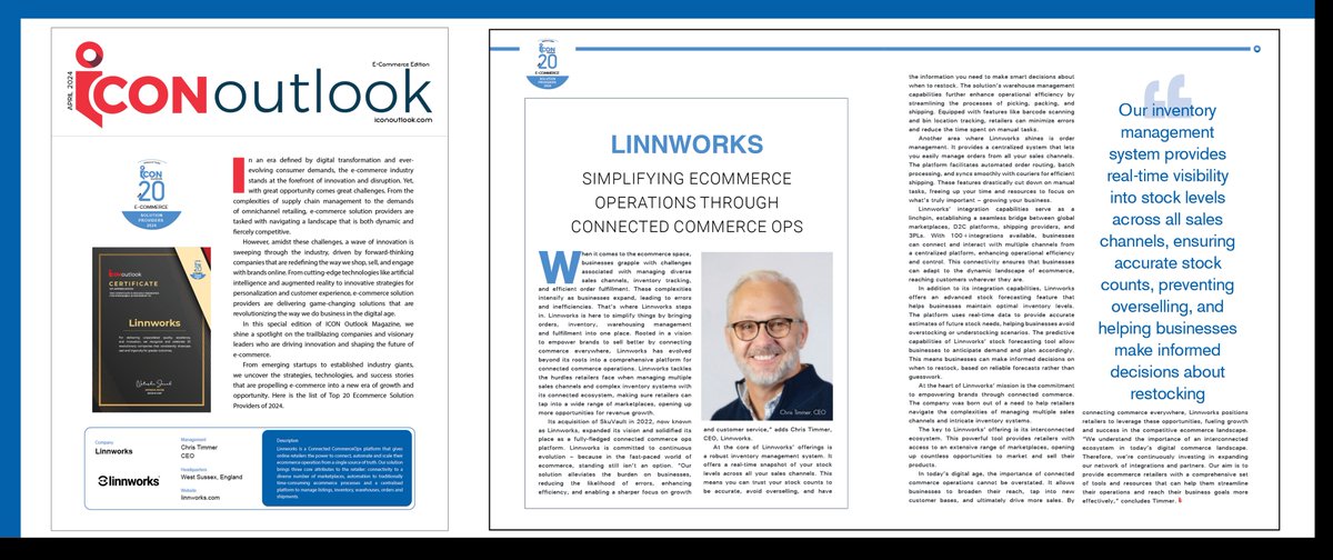ICOutlook's tweet photo. Congratulations @Linnworksglobal on your impressive achievement of being ranked among the Top 20 “E-commerce Solution Providers 2024” companies in ICON Outlook Magazine! https://t.co/6H9LAy8wGg #tech #technology #solution #software #ecommerce https://t.co/GJNOYomWrg