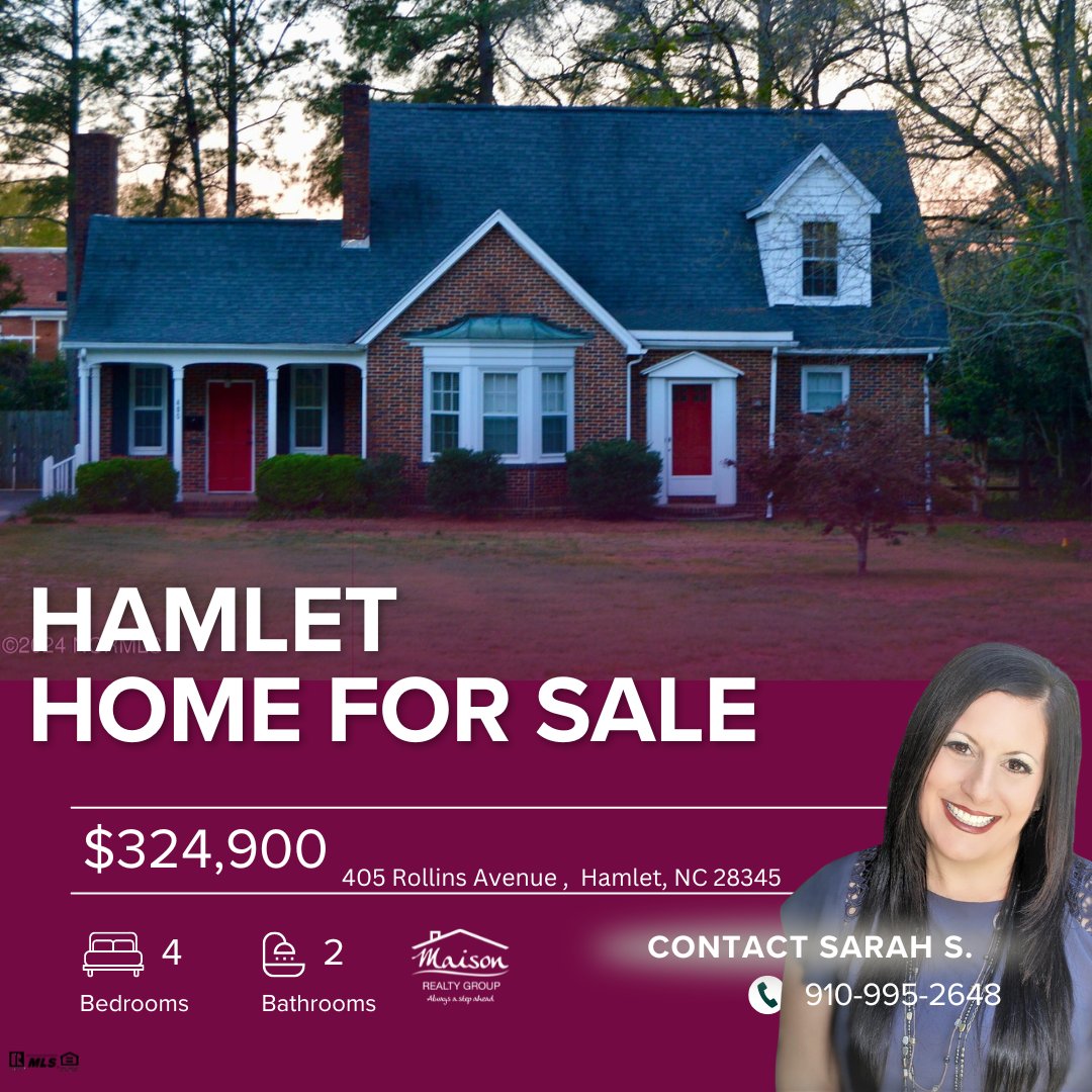 Come see this charming 4 Bedroom, 2 Bath Brick home.🏠  Move-in ready and lots of space. This home sits on 0.81 of an acre. For more listing information 📞Sarah - 910.995.2648 

#hamletnc #maisonrealtygroup #listingforsale #listingagent #homeforsale #realestate #moveinready