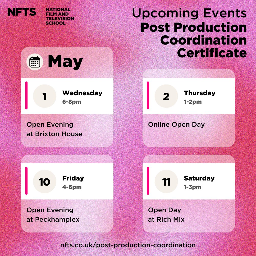 Find out all you need to know about our Post Production Coordination Certificate at our upcoming events! 1 May📍Brixton House, London 2 May📍Online 10 May📍Peckhamplex, London 11 May📍Rich Mix, London Book now: nfts.co.uk/post-productio…