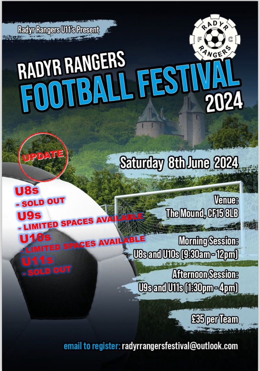 Only a few spaces left for at our junior football festival!

U8’s &amp; U11’s are sold out, with only a few spaces for U9’s &amp; U10’s, so come and join the fun on Sat June 8th in Radyr. ⚽️🍔🍭🍰🏅⚽️
