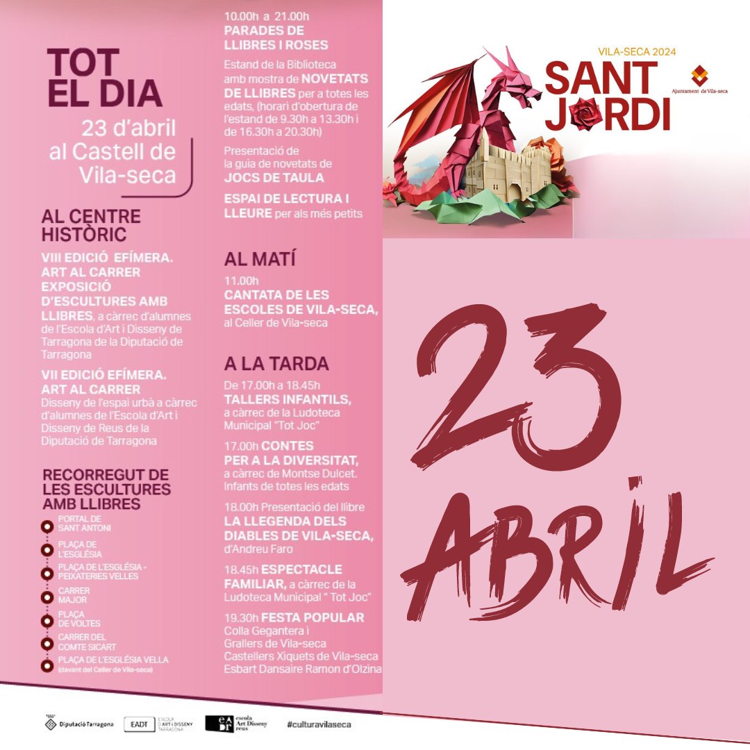 🌹 Feliç Diada de Sant Jordi! Avui el Castell de Vila-seca i el seu jardí s’omplirà d’actes per a totes les edats, amb un seguit de parades de roses i llibres, activitats culturals, tradicionals i infantils. 📷 Consulteu tota la programació aquí lapinedaplatja.info/event/sant-jor…