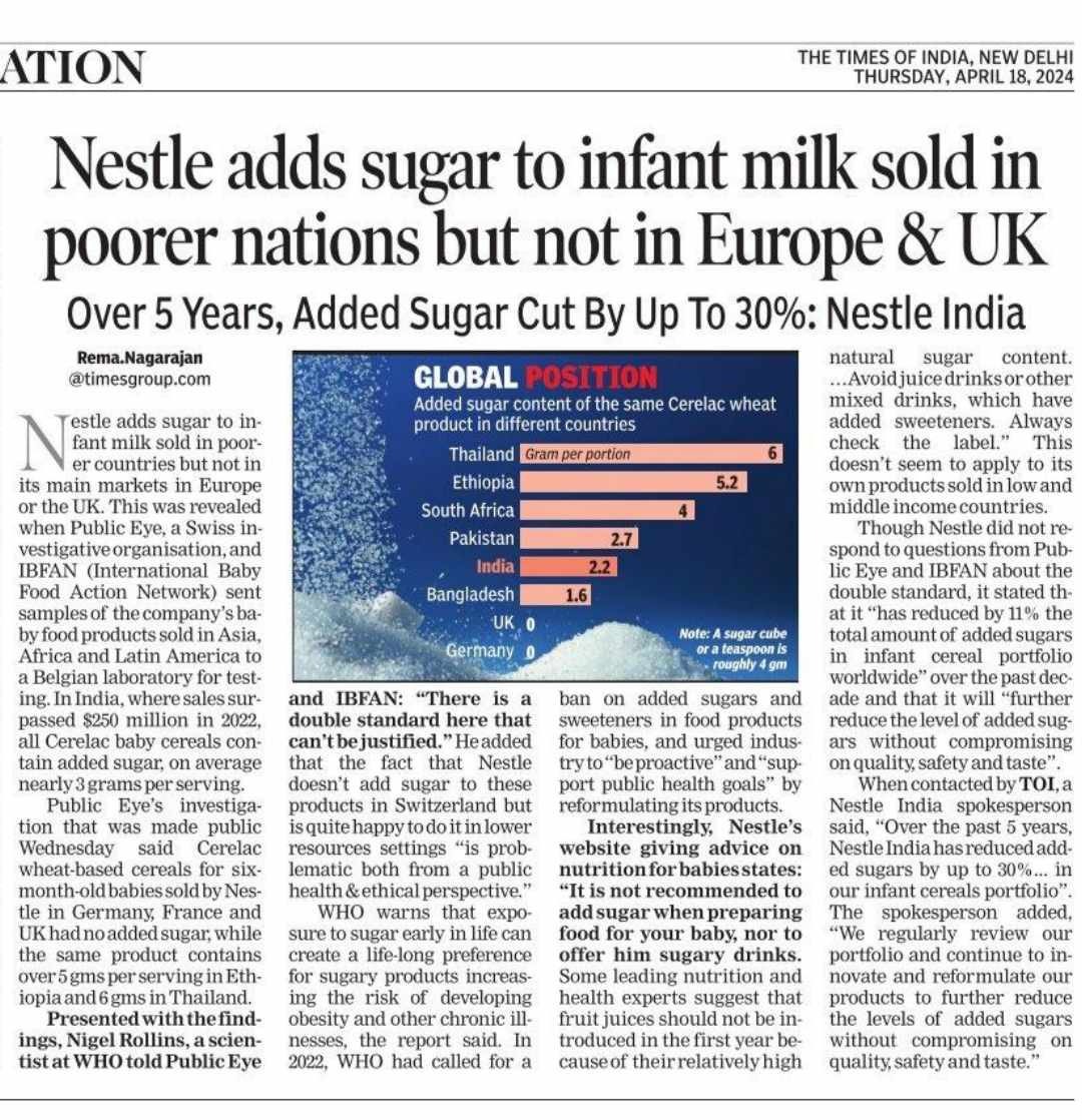 1/5
The exposé that Nestlé, adds sugar and honey to infant milk and cereal products sold in many poorer countries, is heart wrenching. Why the deliberately act contrary to international guidelines aimed at preventing obesity and NCDs???🤷‍♂️
@aphrc
@NCCKKenya
#FoodPolicyKE #FOPWL
