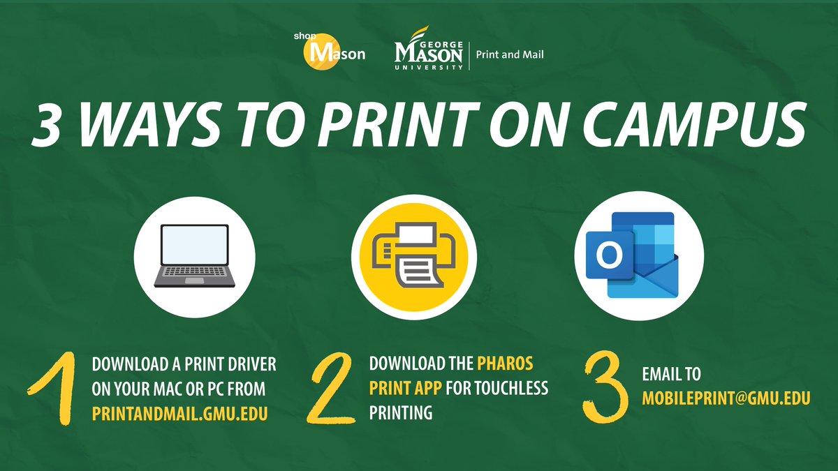 Did you know there are three ways to print wirelessly on campus?  🌐🖨️📱💻 

Discover the convenience and choose the method that suits you best. From laptops to mobile devices, Print and Mail has your wireless printing needs covered! 
#shopMason #MasonNation #GMU