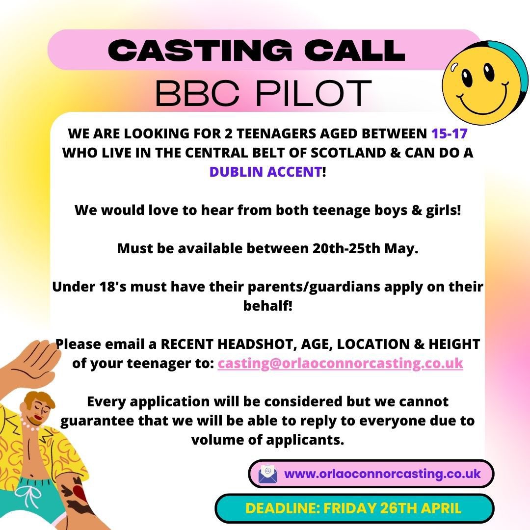 Casting call for teenagers based near Edinburgh/Glasgow who can do a flawless Dublin accent(1 or 2 scenes) for a BBC pilot where they cause a bit of mayhem with our regulars. No previous acting experience is necessary but mischievous attitude is ESSENTIAL! #buddingyoungactors