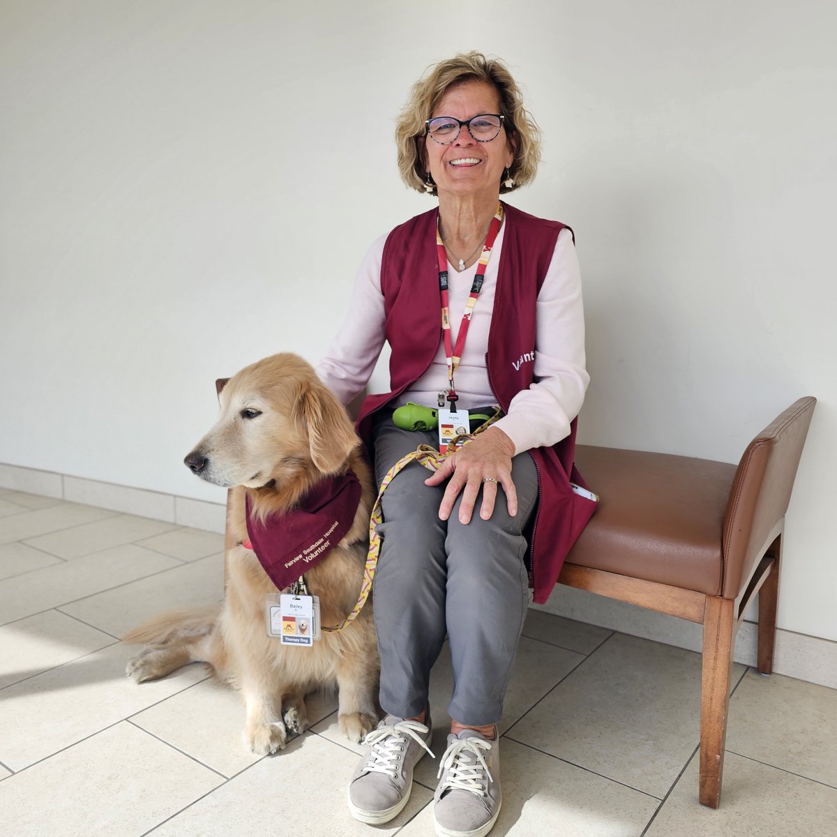 Every Friday, Holly Parker and @baileytherapy13 volunteer at M Health Fairview Southdale Hospital, where they lift the spirits of patients, visitors, and staff. “She was born to do this,” Holly said. During #NationalVolunteerWeek, help us thank all of our volunteers! ♥️