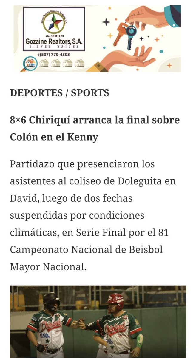 Chiriquí 💚❤️ parte por delante en la final del béisbol  mayor al vencer a Colón, por marcador de 8-6.
