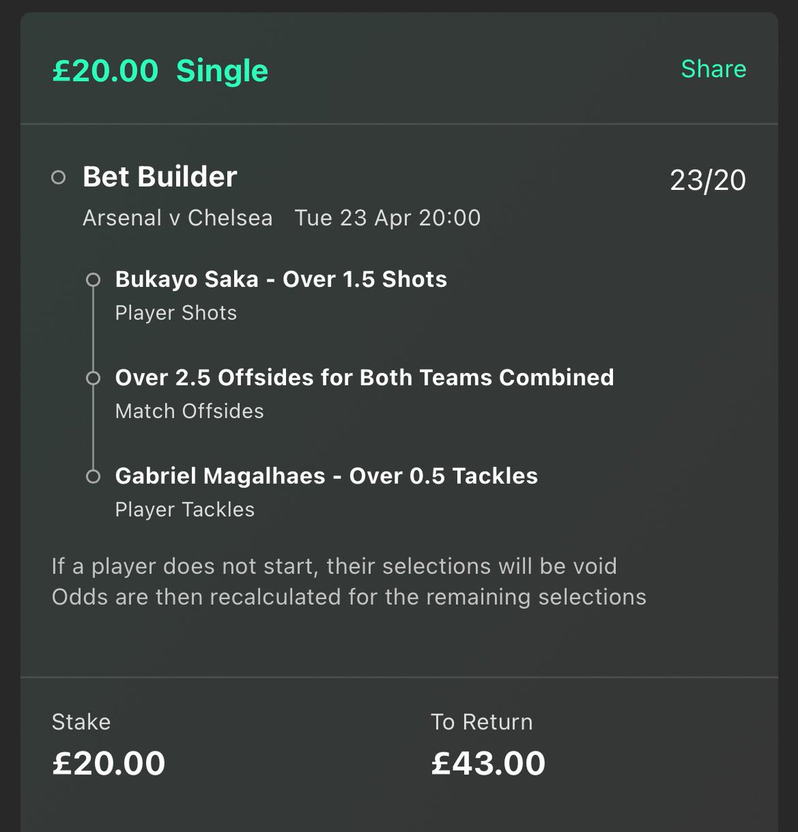 ValueBetSpotter's tweet photo. 📅 Arsenal vs Chelsea
🔒 23/20 & 5/1 (Bet365)

Bukayo Saka home shots: 4, 2, 4, 3, 4, 3, 2, 5, 9, 4, 3
✅ Saka had 5 shots in this exact fixture last season.

Arsenal match offsides: 3, 6, 4, 2, 3, 3, 7, 5, 6, 4, 4, 4, 7, 4
Chelsea match offsides: 4, 0, 3, 4, 4, 5, 6, 6, 3, 6, 4, 7, 9, 3, 4, 3, 4, 5
✅ There were 3 offsides when both sides met earlier in the season.

Gabriel tackles: 3, 1, 0, 1, 1, 3, 1, 2, 2, 1, 2, 1, 2, 2, 3
✅ Gabriel had 2 tackles vs Chelsea earlier this season. 

LIKE ❤️ if you’re on these bets!
