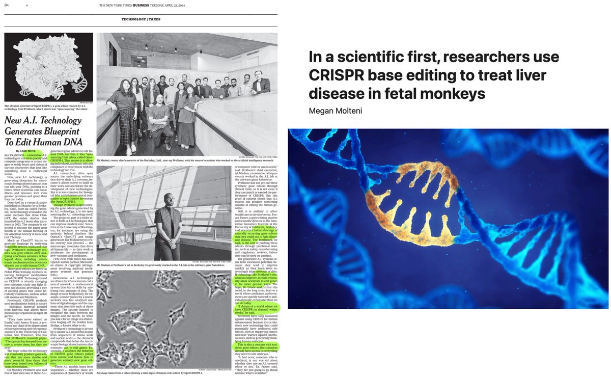 Two important firsts in genome editing 1. Fetal non-human primate base editing delivers to multiple organs statnews.com/2024/04/22/cri… by @MeganMolteni @statnews @WPeranteau @kiranmusunuru 2. #AI-generated gene editors success in human cells nytimes.com/2024/04/22/tec… @CadeMetz…