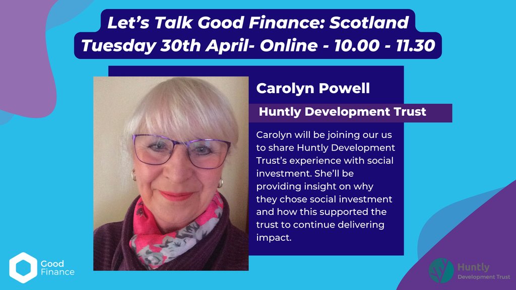 We're looking forward to hearing from Carolyn from @HuntlyDt on her organisation's experience of using social investment! Join us to hear how organisations across Scotland have used #socialinvestment to grow and deliver even more impact! Sign up now: goodfinanceuk.typeform.com/to/YEwknGx4