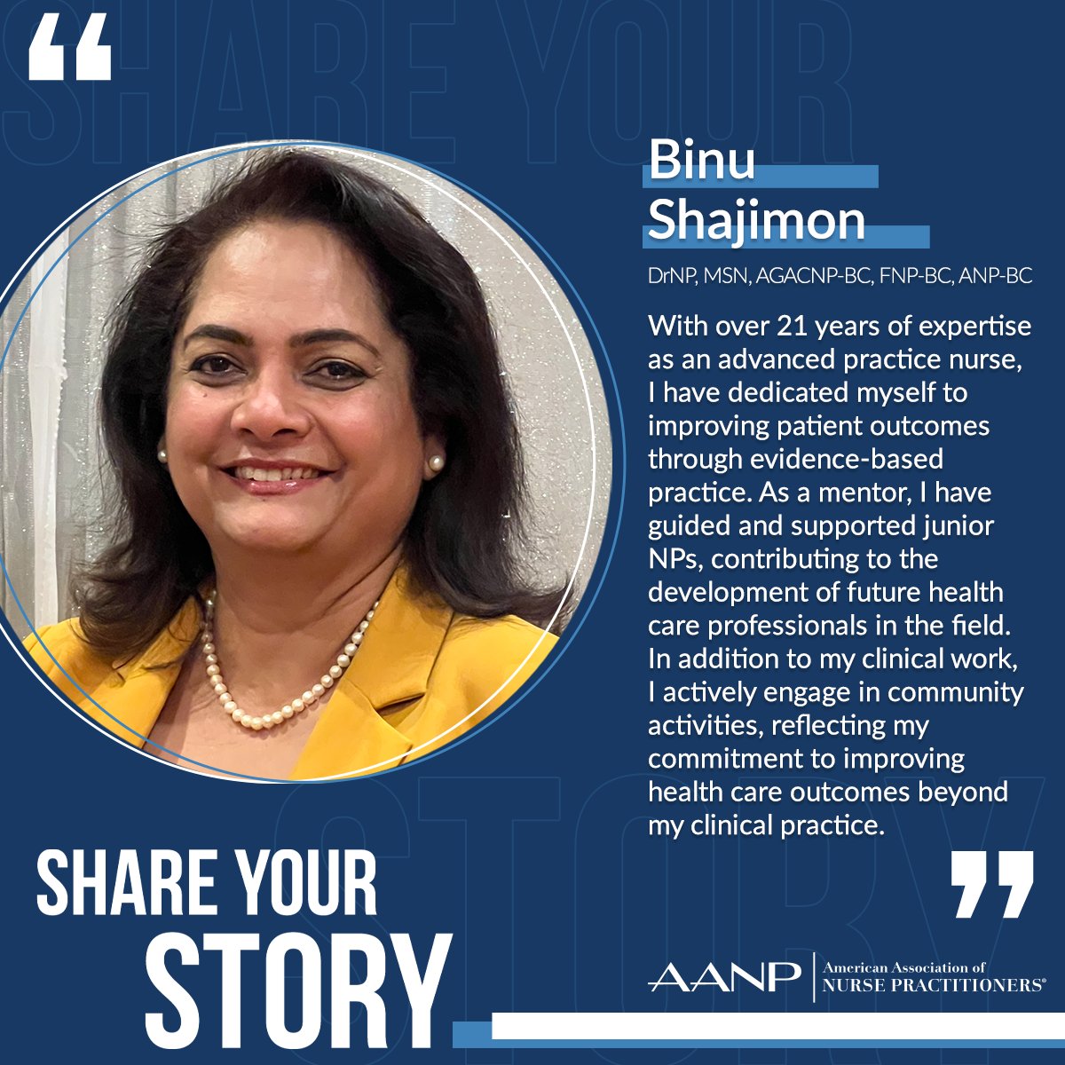 Thank you, Dr. Binu Shajimon, for helping increase awareness of the NP role by sharing your story with AANP. NPs — submit your photos and written testimonies here: aanp.org/shareyourstory. #NPsLead #ShareYourStory