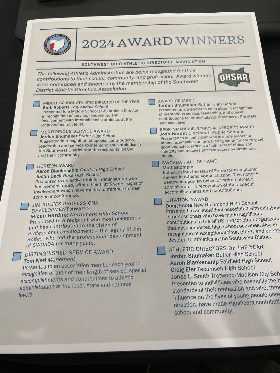 <a href="/SWDistrict/">SWDAB</a> Administrators Breakfast along with SWOADA Awards Recognition! Thanks SW for the opportunity to recognize our award winners this morning!! Congrats to this group!! Thanks <a href="/nuttercenter/">WSU Nutter Center</a> for an awesome breakfast!!