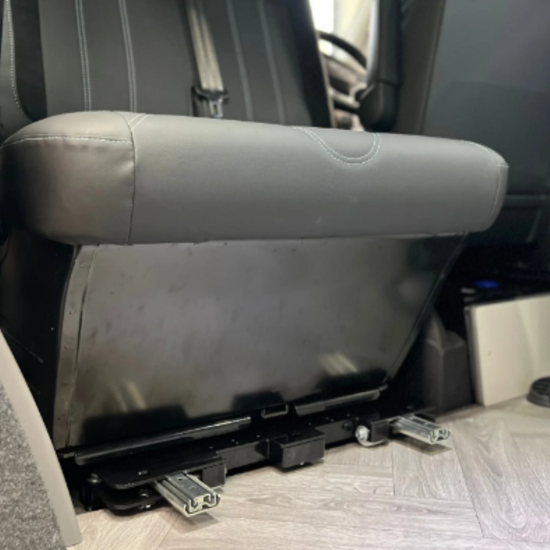 The 'Swivel King' Swivel Seat Base is M1 Pull Tested to the latest safety standard.
At Van & Bus we supply & install the swivel seat bases to suit the VW T5/6 Vivaro/Traffic & Ford Transit Custom vans vanandbus.co.uk/swivel-seats/ or call our team today 01625707401