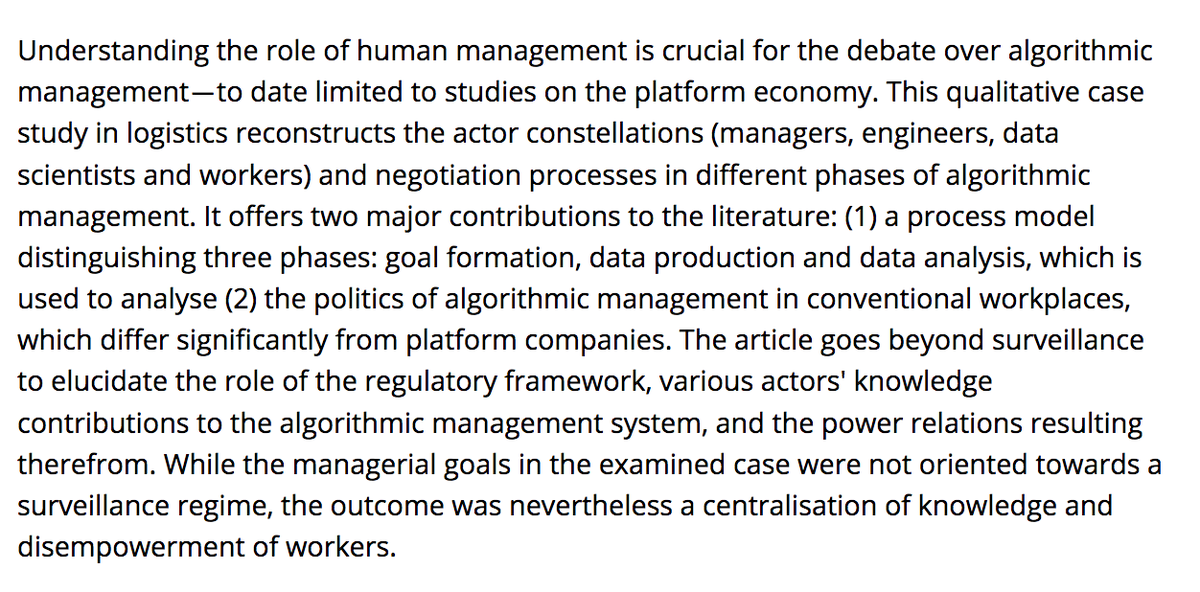 Alex J. Wood (@tom_swing) on Twitter photo Important research on the realities of algorithmic management by Krzywdzinski et al. <a href="/WZB_GlobalWork/">WZB-GAP and Weizenbaum-Digital Work</a>
<a href="/WZB_Berlin/">WZB</a> in <a href="/NTWEjournal/">NewTechnologyWork&Employment</a>:
Co‐determination: a prerequisite 4 +worker outcomes but danger of centralistion and disempowerment remains. onlinelibrary.wiley.com/doi/full/10.11… Important research on the realities of algorithmic management by Krzywdzinski et al. <a href="/WZB_GlobalWork/">WZB-GAP and Weizenbaum-Digital Work</a>
<a href="/WZB_Berlin/">WZB</a> in <a href="/NTWEjournal/">NewTechnologyWork&Employment</a>:
Co‐determination: a prerequisite 4 +worker outcomes but danger of centralistion and disempowerment remains. onlinelibrary.wiley.com/doi/full/10.11…