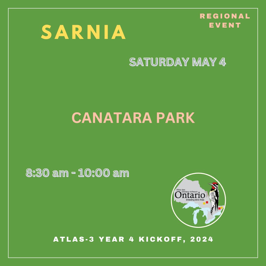 Join the Region 3 team for their Kick-off event in Sarnia on May 4 at Canatara Park! Visit our website to register and see a list of all regional kick-off events: birdsontario.org/year-4-kickoff… #ONBirdAtlas3