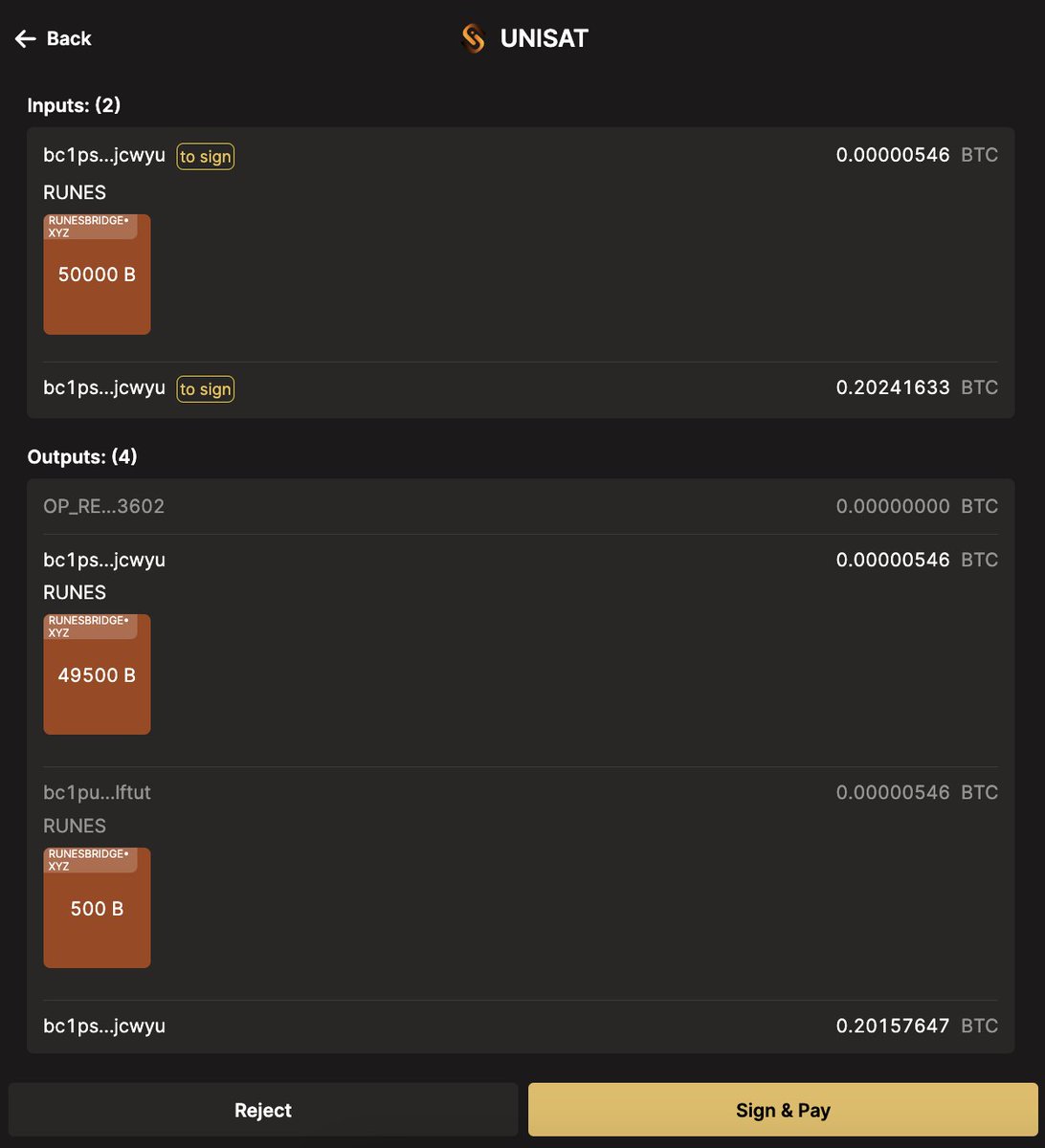 RunesBridge's tweet photo. TL; DR 📃

This post is intended to help the #Runes community to avoid encountering similar errors.

Users need to check the input and output details of the transaction before Transferring or making a PSBT Listing.

1. Transfer Runes - Example in photo:

- Inputs has 2 UTXOs:
1. UTXO contains Runes with postage of 546 sats
2. Blank UTXO (contains no Runes or Inscriptions) to pay gas fees.

- Output has 4 UTXOs:
1. OP_RETURN with 0 sats
2. UTXO containing excess Runes will be returned to the sender with postage of 546 sats
3. UTXO contains the number of Runes sent to the receiving wallet address
4. Blank UTXO has spent the gas and returned the excess to the sender.

⚠️In summary, when transferring Runes, users need to pay attention to the postage of the UTXO containing Runes in the input (recommended 546 sats). If postage is too high, please double check before signing the transaction.

2. PSBT Listing Runes - Example in photo:

- Input has 1 UTXO: UTXO contains Runes with postage of 546 sats

- Output has 1 UTXO: UTXO contains Runes with postage of 25m sats

Since this is a PSBT where the output address is unknown, the output UTXO will be set to the sender's wallet address by default. When another user completes this PSBT (i.e. the buyer), the output address is determined, then the PSBT will be finalized.

⚠️In summary, when performing a PSBT Listing, users also need to pay attention to the postage of UTXOs containing Runes in the input.

@unisat_wallet is an ideal wallet to check transaction inputs and outputs.

WizaRd, RunesBridge Developers.