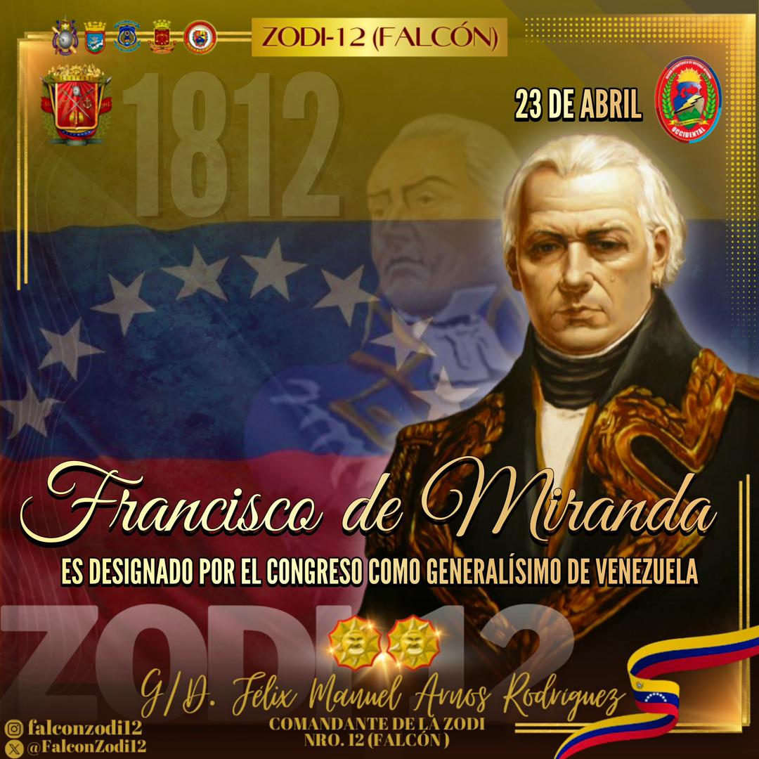 En 1812, por su valentía en el vital papel que cumplió en la independencia de varias naciones, Francisco de Miranda fue designado Generalísimo de Venezuela por el Congreso venezolano.

Tal designación, le confirió autoridad para defender la Primera República.

¡ Que viva Miranda!