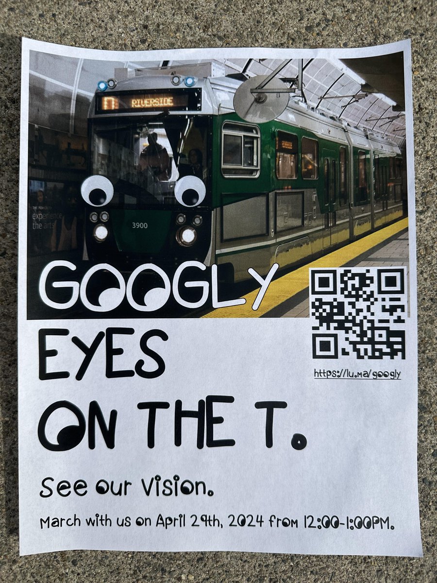 ariloo π± (@ariellelok) on Twitter photo spotted... a march happening next monday (april 29th) for giant googly eyes on the T. πππ
the QR code goes here: lu.ma/googly
<a href="/BostonGlobe/">The Boston Globe</a> <a href="/OnlyInBOS/">Only In Boston</a> <a href="/BostonDotCom/">Boston.com</a> <a href="/bostonherald/">Boston Herald</a> <a href="/MBTA/">MBTA</a> <a href="/MassDOT/">Mass. Transportation</a> <a href="/BostonTweet/">BostonTweet</a> <a href="/universalhub/">Adam Gaffin</a> <a href="/Vanyaland617/">Vanyaland</a> <a href="/NBC10Boston/">NBC10 Boston</a> spotted... a march happening next monday (april 29th) for giant googly eyes on the T. πππ
the QR code goes here: lu.ma/googly
<a href="/BostonGlobe/">The Boston Globe</a> <a href="/OnlyInBOS/">Only In Boston</a> <a href="/BostonDotCom/">Boston.com</a> <a href="/bostonherald/">Boston Herald</a> <a href="/MBTA/">MBTA</a> <a href="/MassDOT/">Mass. Transportation</a> <a href="/BostonTweet/">BostonTweet</a> <a href="/universalhub/">Adam Gaffin</a> <a href="/Vanyaland617/">Vanyaland</a> <a href="/NBC10Boston/">NBC10 Boston</a>