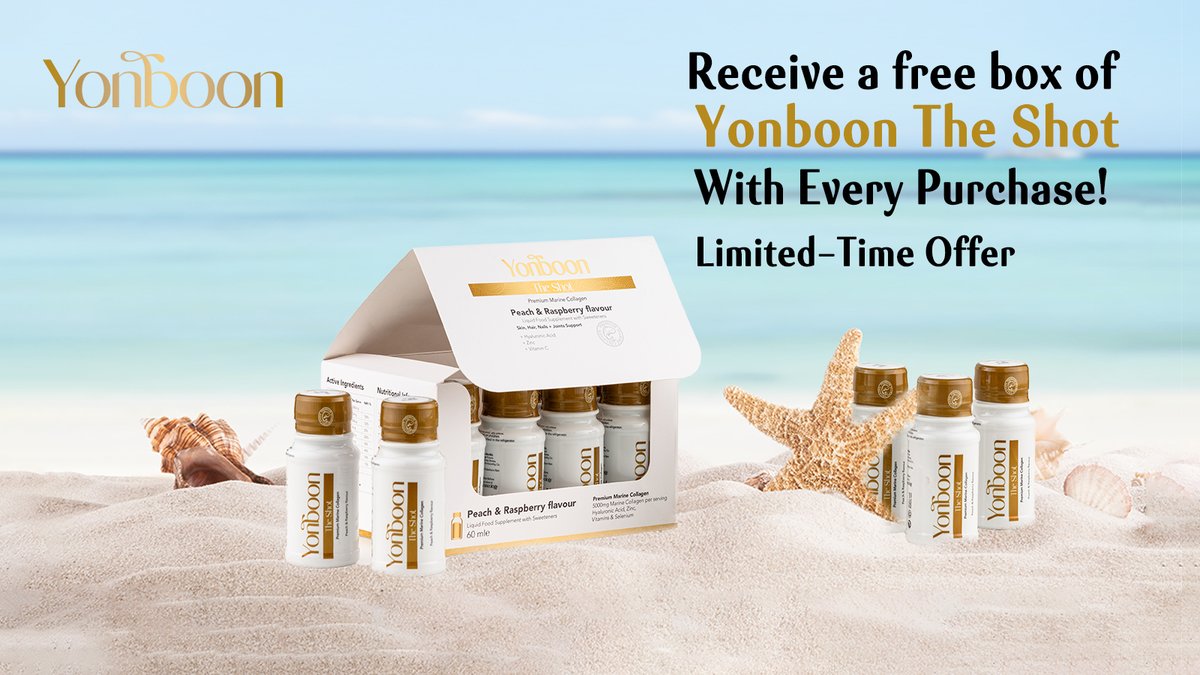 For a limited time only, receive a complimentary box of Yonboon The Shot with every product purchased. 

It's our way of saying thank you, by treating you to out powerhouse formula that enhances your well-being.

#Yonboon #Marinecollagen #LimitedOffer #boxofYonboon #TheShot
