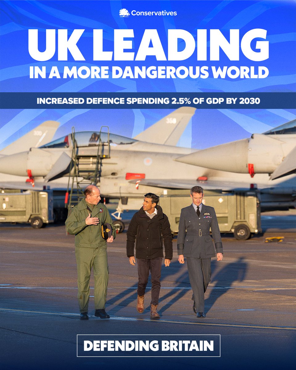 🚨🇬🇧 BREAKING: @RishiSunak announces the UK will increase defence spending to 2.5% of GDP. In a world of increasing threats, the Conservatives will ensure this country always stands up for British interests, deters our enemies and defends our values.