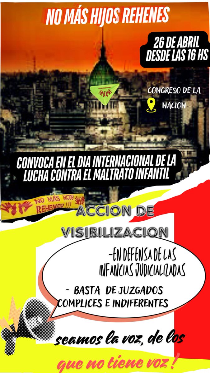 La gente de No mas hijos rehenes es parte tambien de la convocatoria para este viernes frente al Congreso, en CABA. Vayamos todos a decirle a la justicia que los niños NO están solos, que NO son del Estado, que son de sus familias #Salvemosalosniños