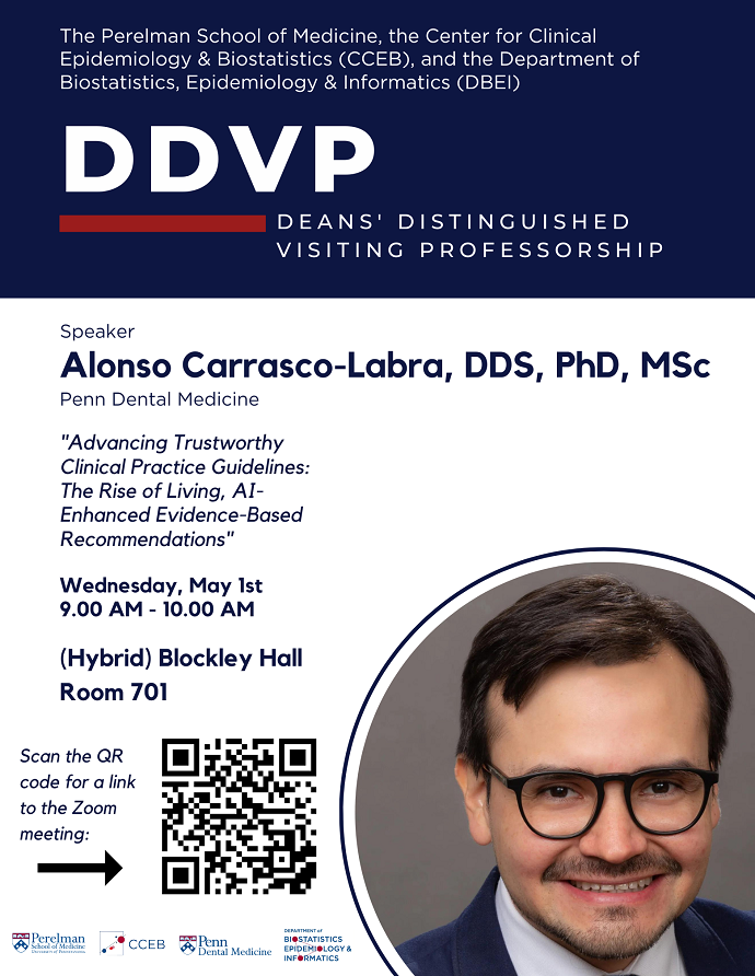 Join us on Wednesday, 5/1 at 9am to see Deans' Distinguished Visiting Professor, Alonso Carrasco-Labra (@delalonso) of @PennDental & @PennLDI, present his hybrid seminar at @UPennDBEI & @UPenn_CCEB! #PSOMDDVP tinyurl.com/mpekejzn