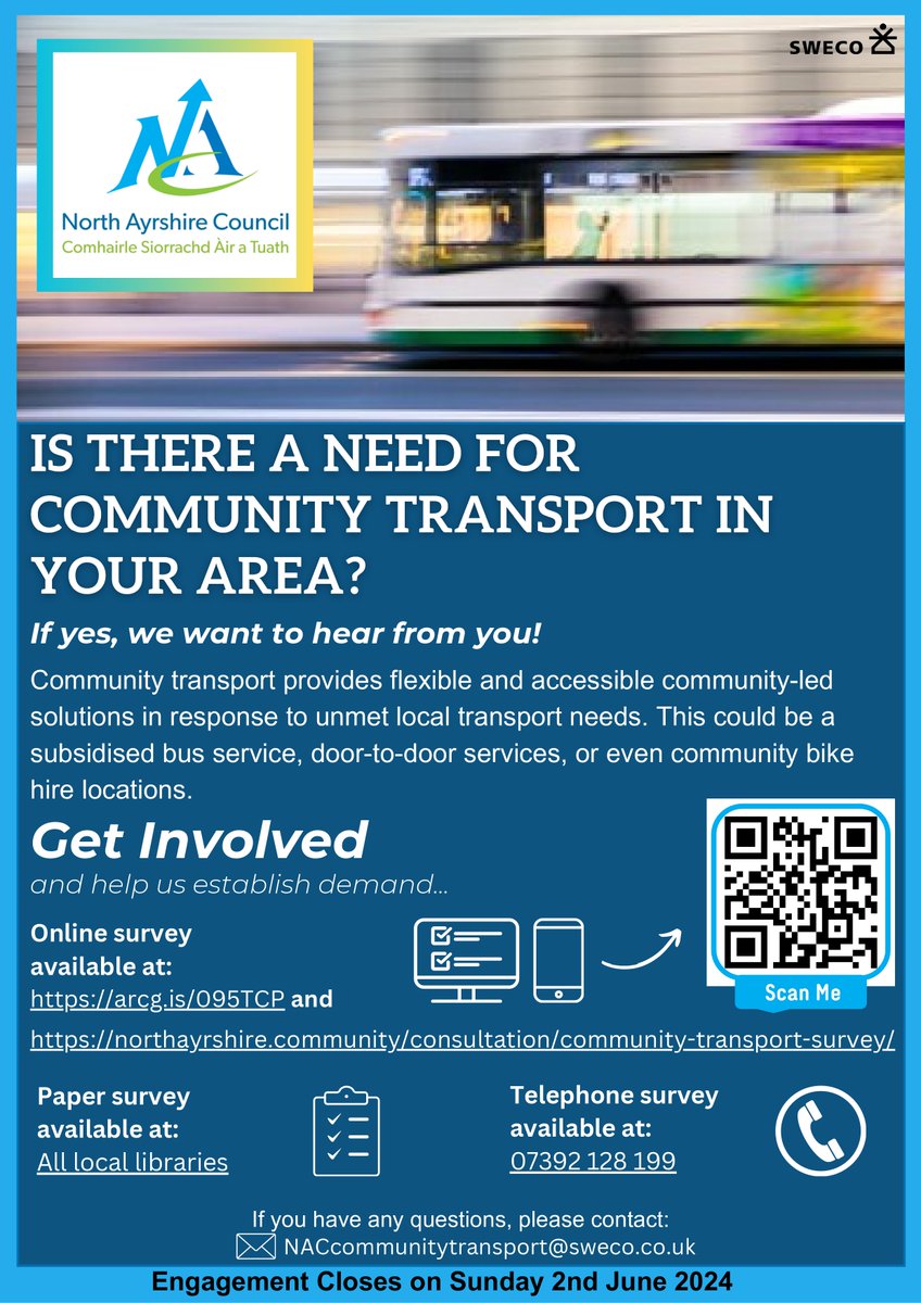 Is there a need for community transport in your area? The Council is exploring if there’s a community transport solution to help you move around NA. Tell us your challenges in getting from A to B. For more info & to complete the survey👇 survey123.arcgis.com/share/c165430e…